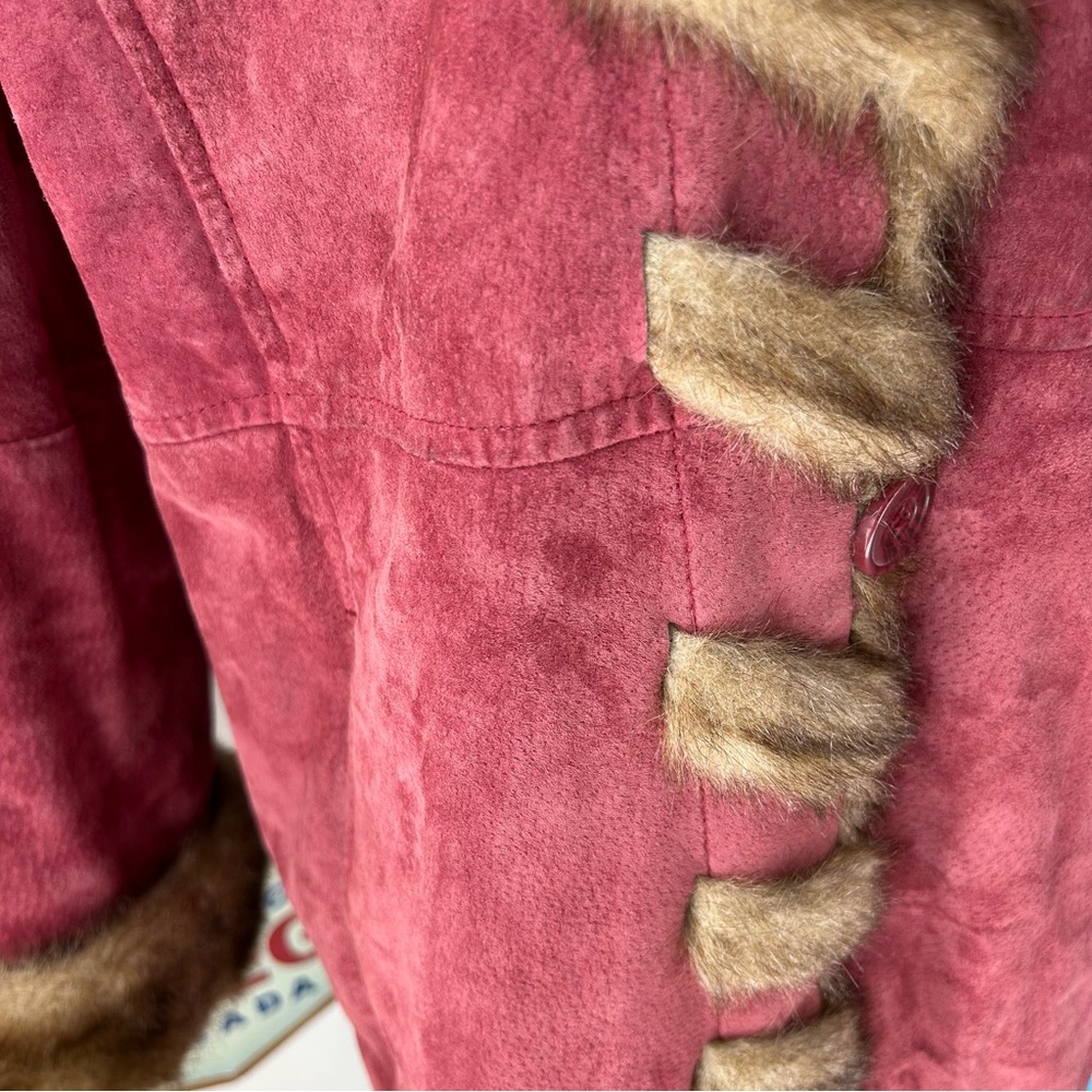 Dennis Basso Cranberry Suede Faux Fur Hooded Coat - Picture 10 of 15